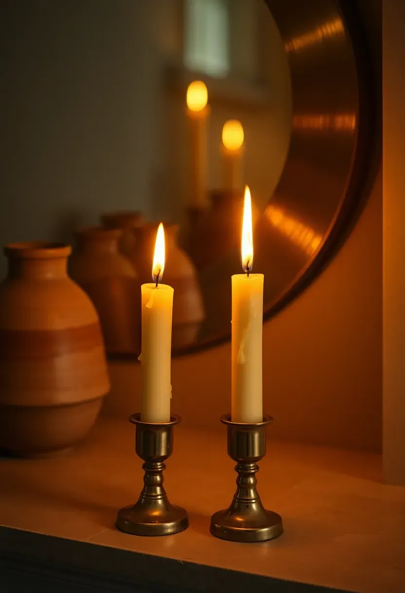 Pair of lit brass taper candle holders flanking a ceramic grouping on a mantle — warm golden candlelight reflecting off a round mirror behind, creating an intimate glow in an evening-lit room