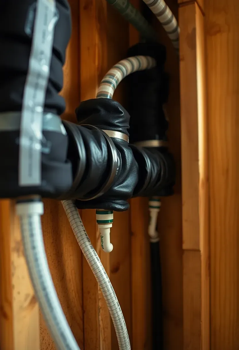 Hyper-realistic close-up view of tiny house utility area showing insulated water pipes with heat tape installation. Materials: black foam pipe insulation sleeves, electric heat tape wrapped around pipes, copper and PEX piping, pressure-treated wood framing. Warm LED utility light, professional installation quality with neat organized runs, prepared winter utility mood. Shallow depth of field, sharp details on insulation seams and heat tape application, visible tiny house construction with proper utility access. No text, no logos, no watermarks.</p>