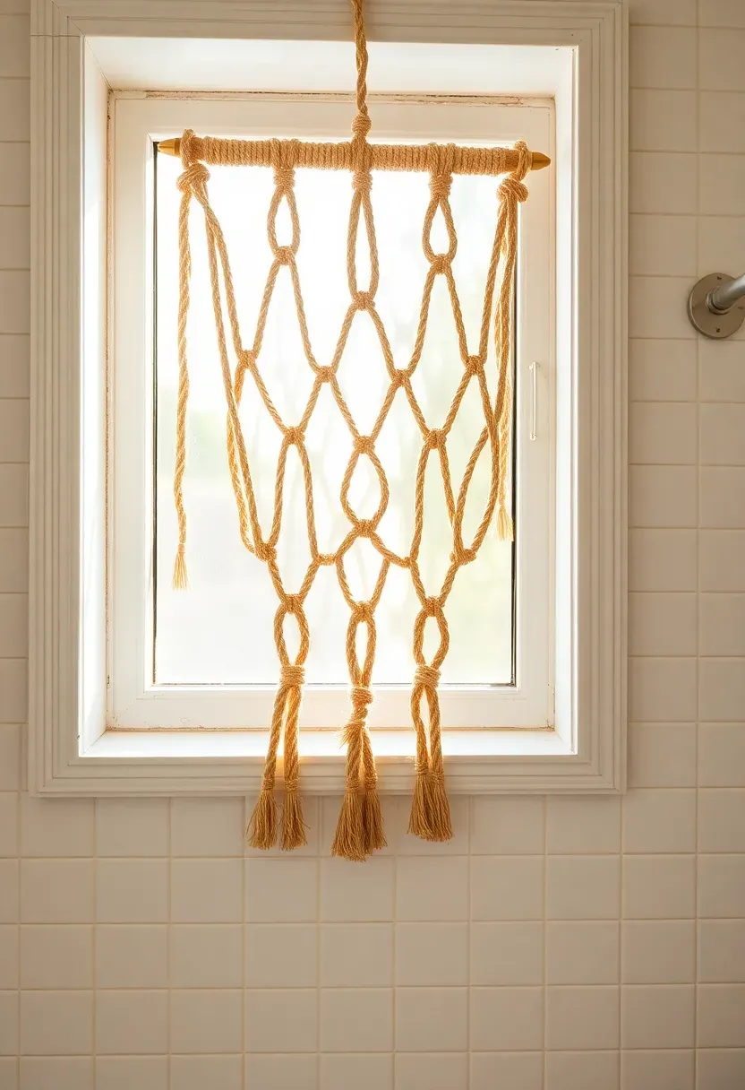 Handmade macrame window hanging on a small bathroom window with natural cotton rope and geometric knot pattern