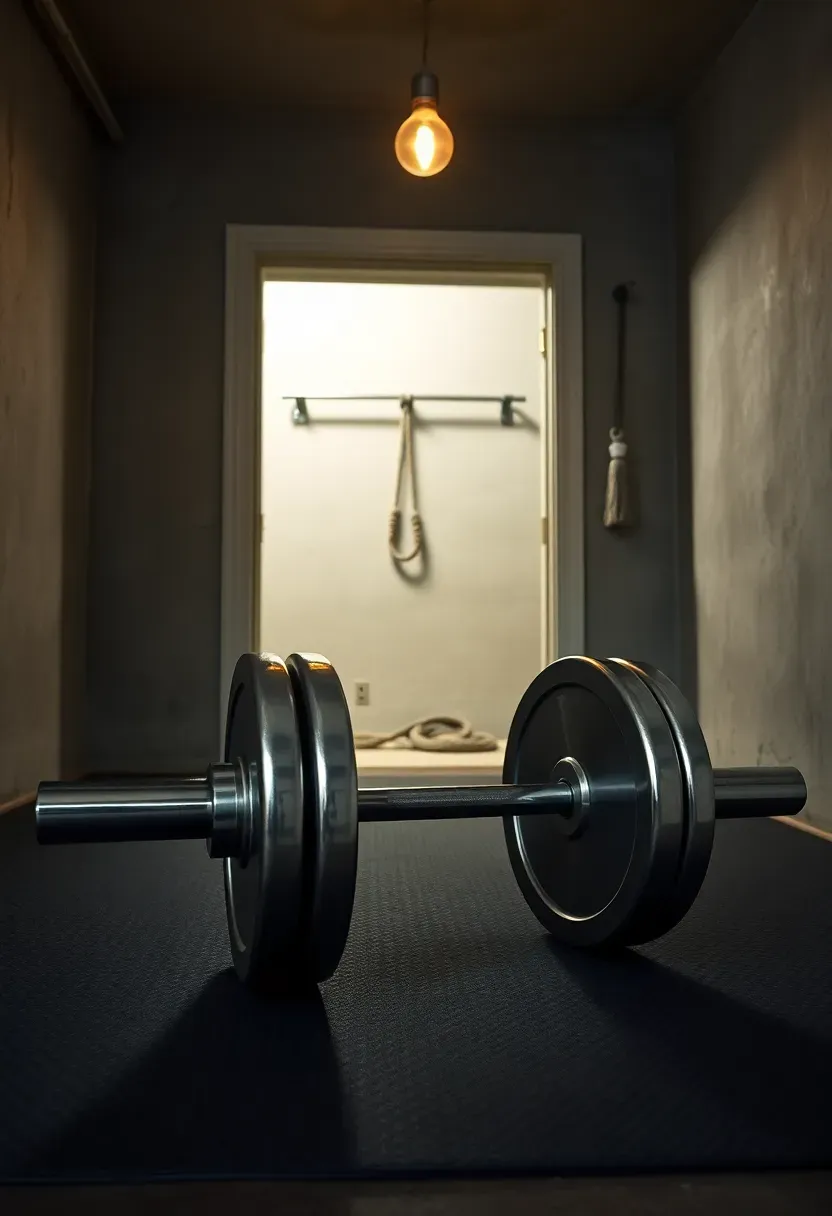 Simple budget basement gym with a barbell on the floor, pull-up bar in a doorway, jump rope hanging on a nail, and stall mat flooring