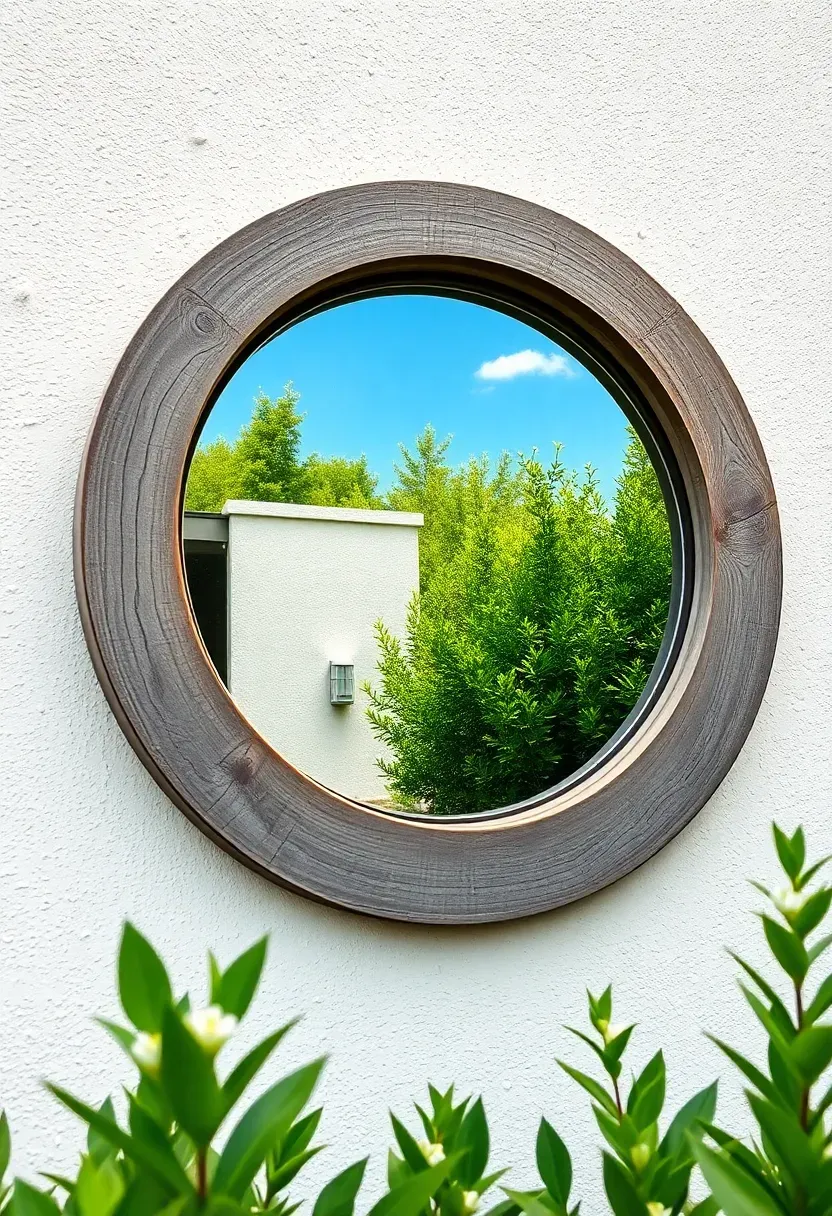 A large round mirror with a distressed wooden frame hung on a white stucco exterior wall reflecting garden greenery