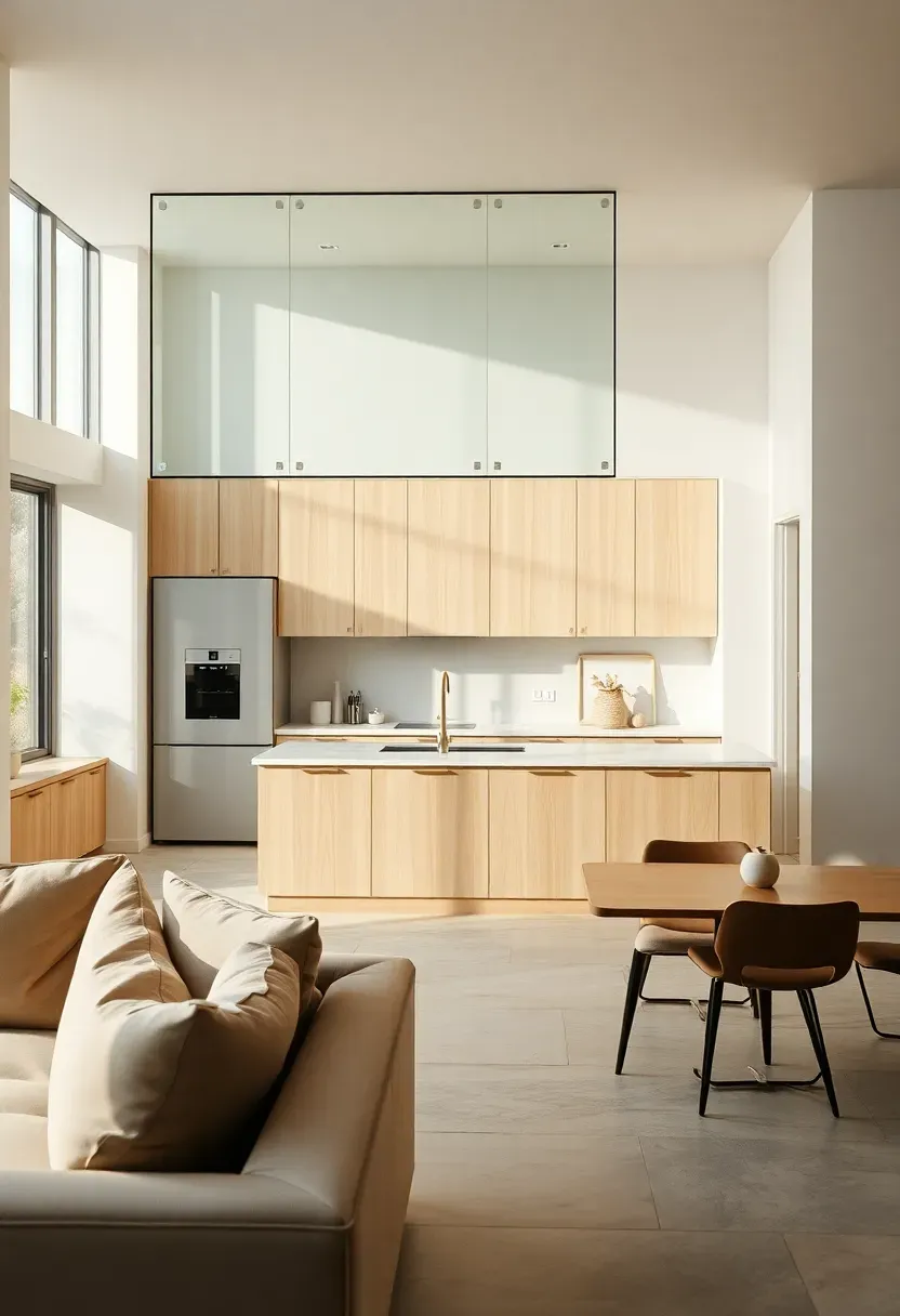 Sightline-driven open kitchen with glass divider panel