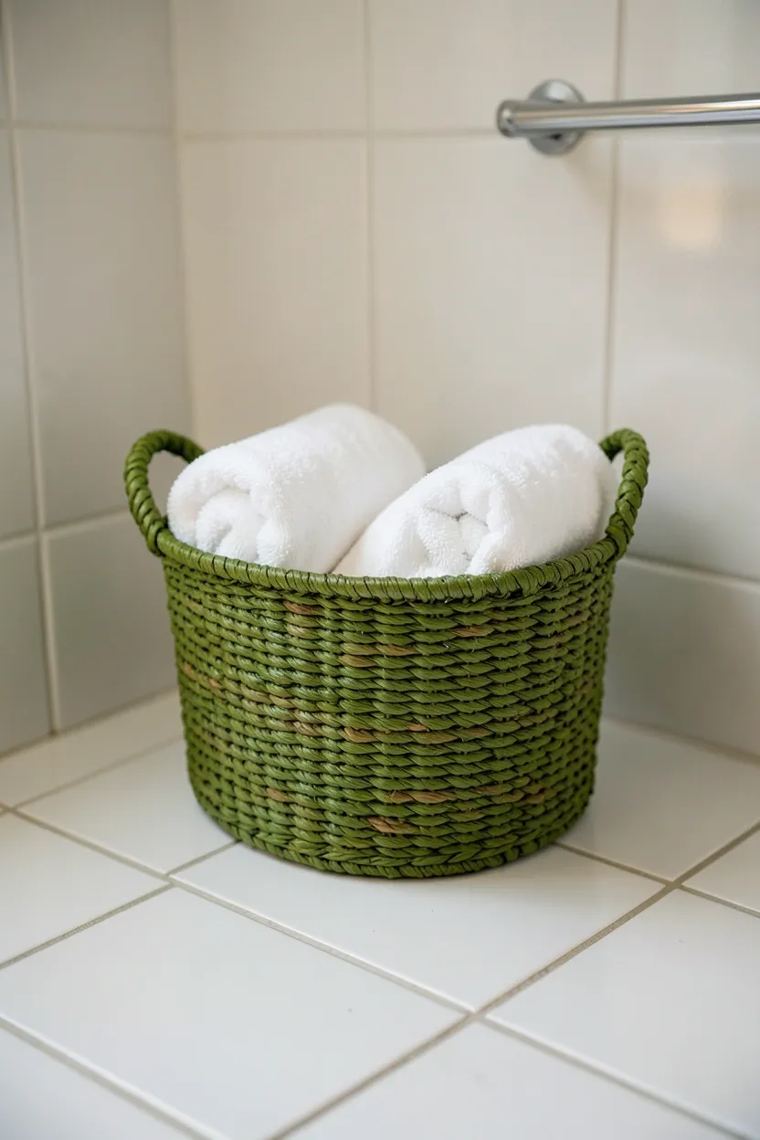 Moss green seagrass woven basket with handles beside a bathtub in a neutral apartment bathroom, holding rolled white towels and toiletries