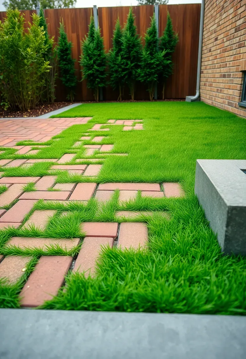 A patio with pavers arranged in a herringbone pattern with thin strips of artificial turf filling the joints between each paver in a modern backyard