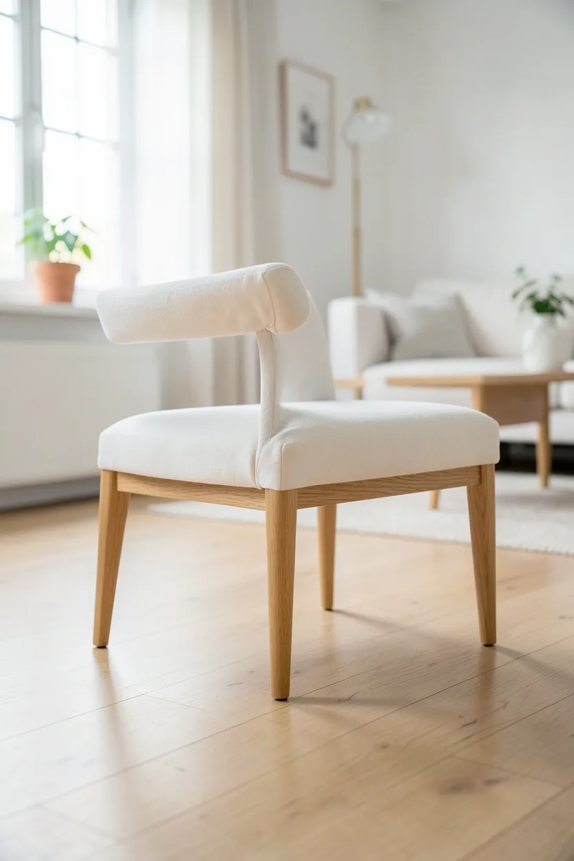 Scandinavian living room sofa and armchair raised on slender light wood legs showing open floor space