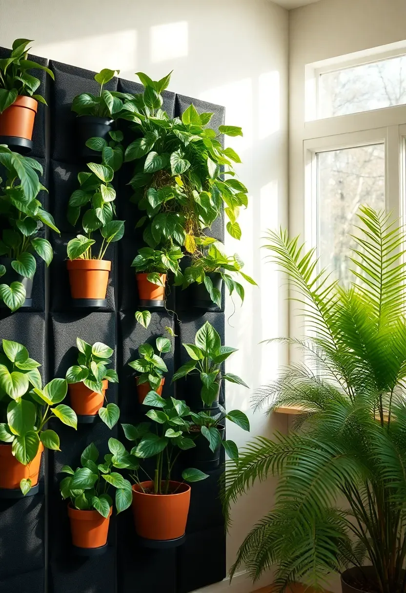 Living plant wall installed in enclosed sunroom providing natural insulation and privacy screen, lush tropical foliage thriving in bright light