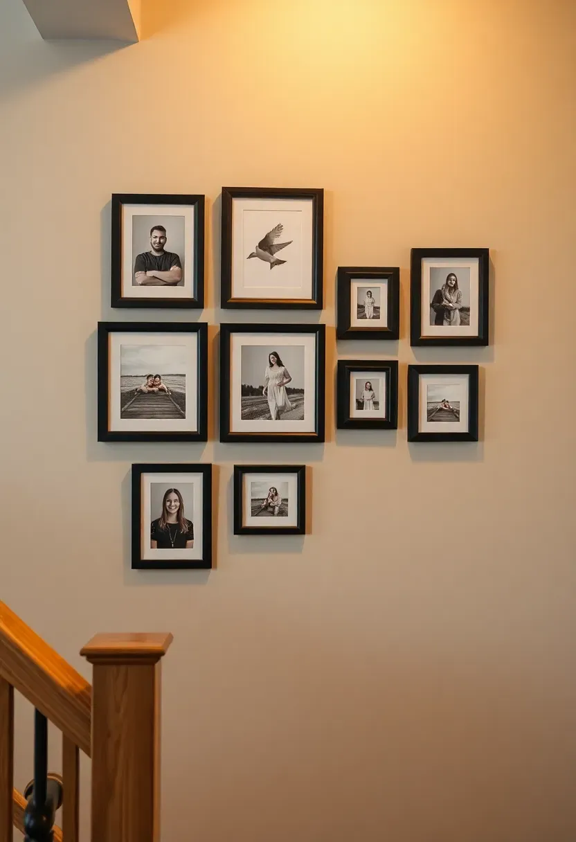 basement staircase wall gallery with framed family photos and art in matching black frames