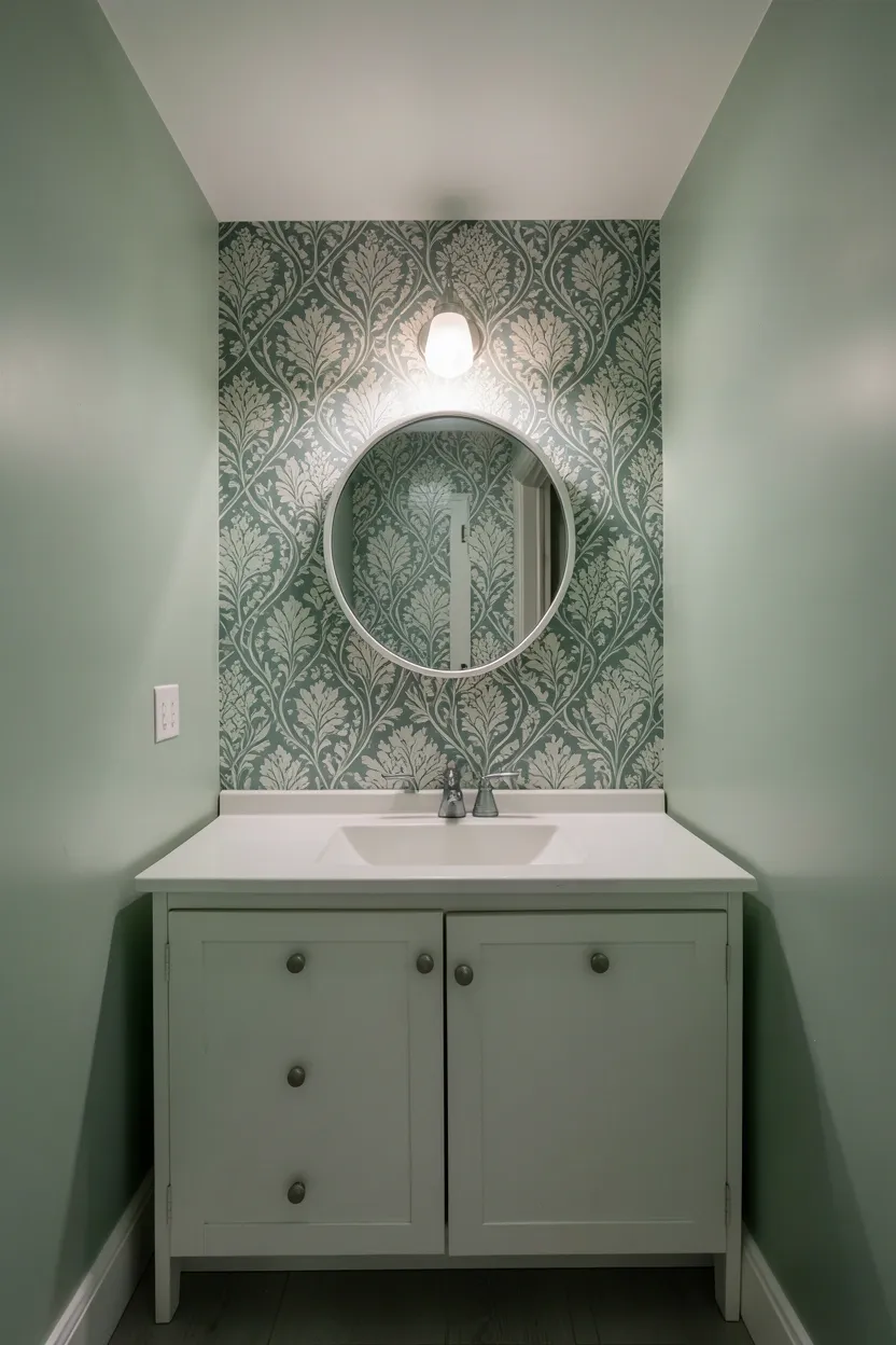 Sage green half bath with bold botanical wallpaper accent wall, white floating vanity, and gold round mirror
