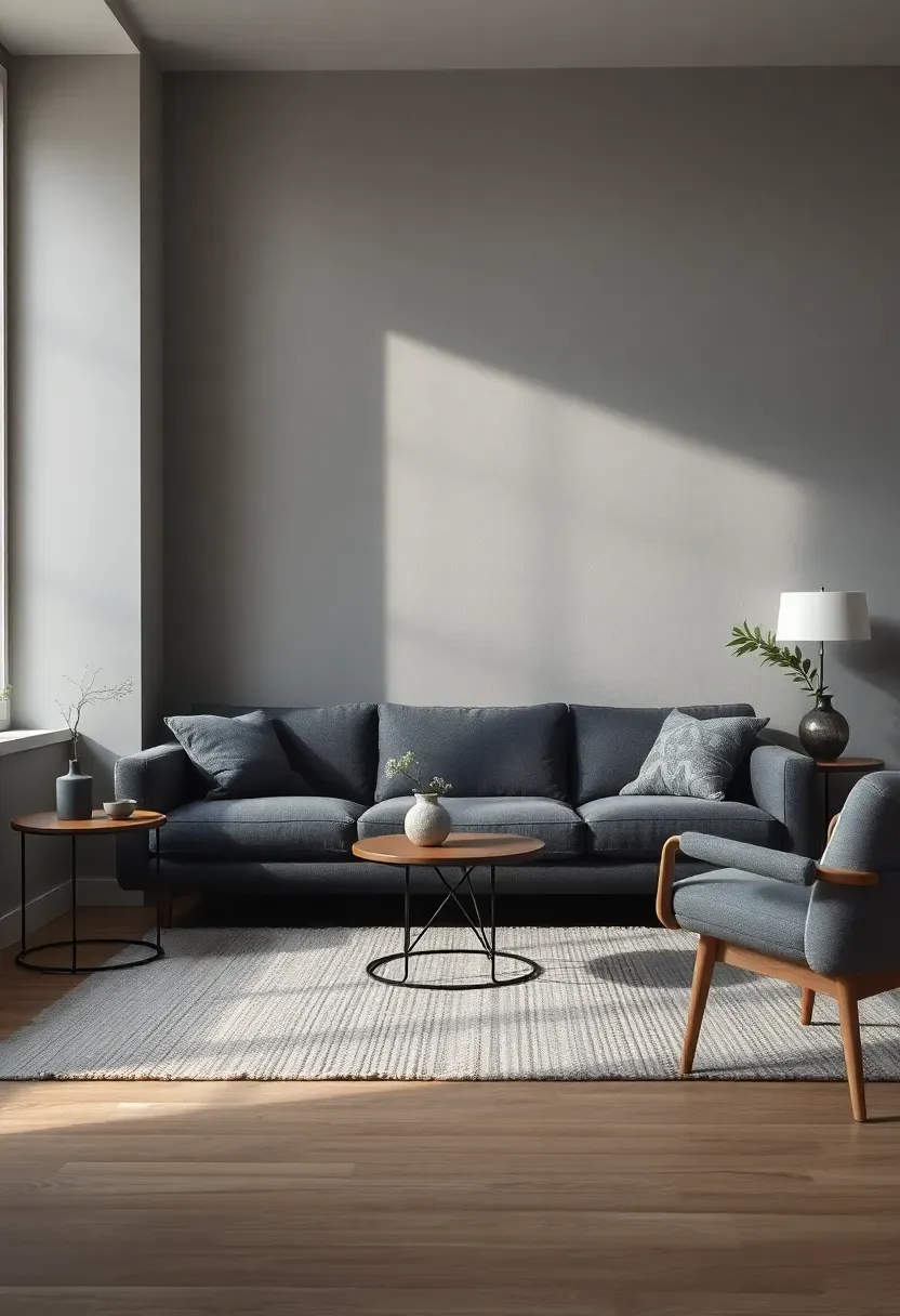 Hyper-realistic wide shot of monochromatic gray living room featuring dark gray sofa, light gray walls, medium gray rug, textural variety through materials—smooth plaster walls, textured wool upholstery, sleek metal side table, raw wood accents. Materials: charcoal gray fabric, light gray matte walls, natural gray wool rug, black metal, light oak. Soft diffused natural light showing subtle gray tonal variations, sophisticated serene mood. Shallow depth of field, sharp details on texture contrasts, clean composition, no text, no logos, no watermarks.</p>