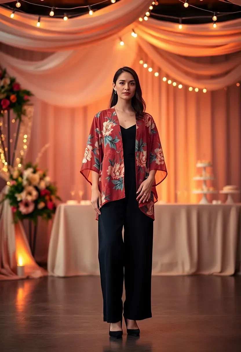 printed kimono jacket layered over a black jumpsuit at a stylish baby shower event