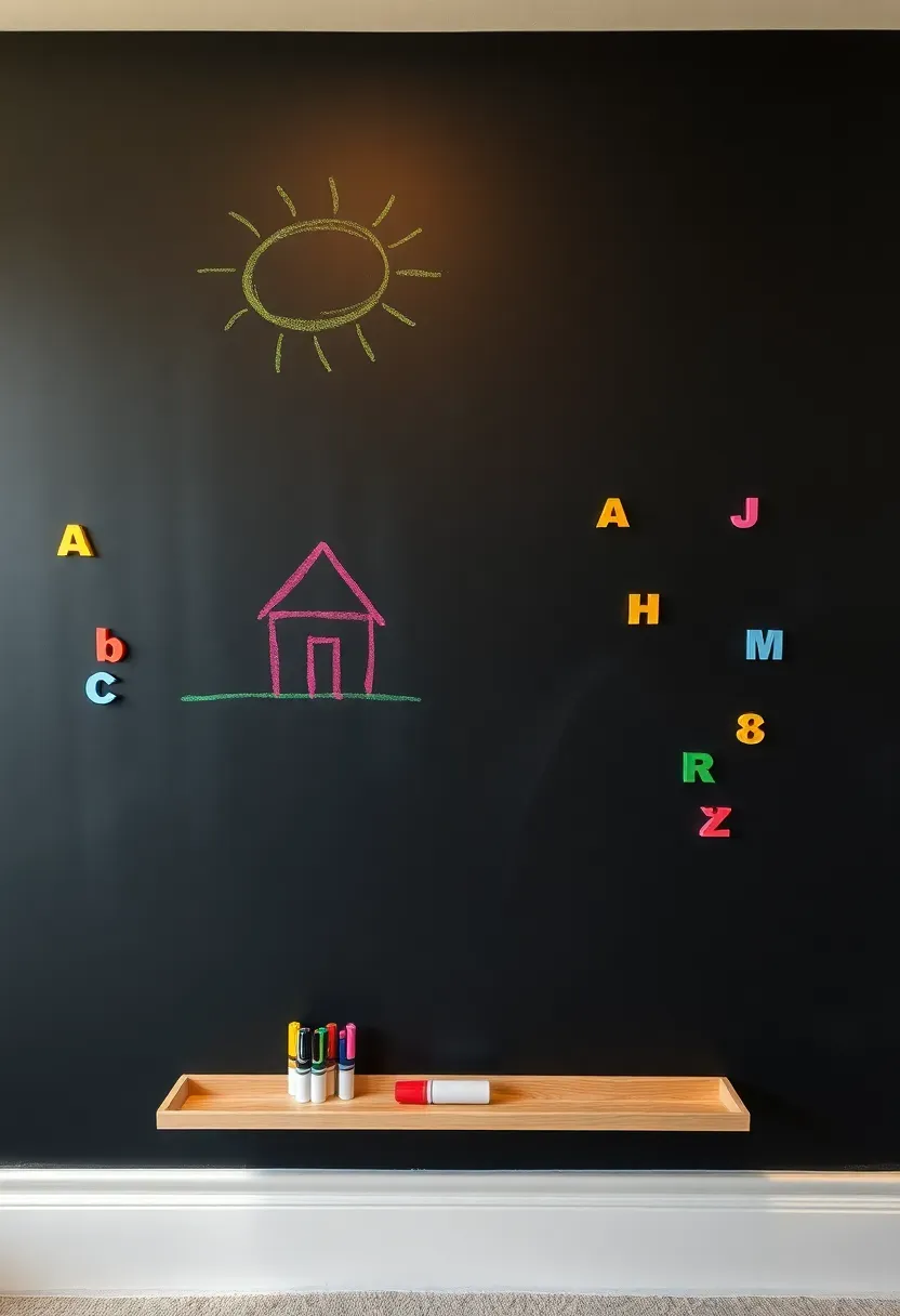 large magnetic chalkboard wall in basement playroom with colorful chalk drawings and magnetic letters