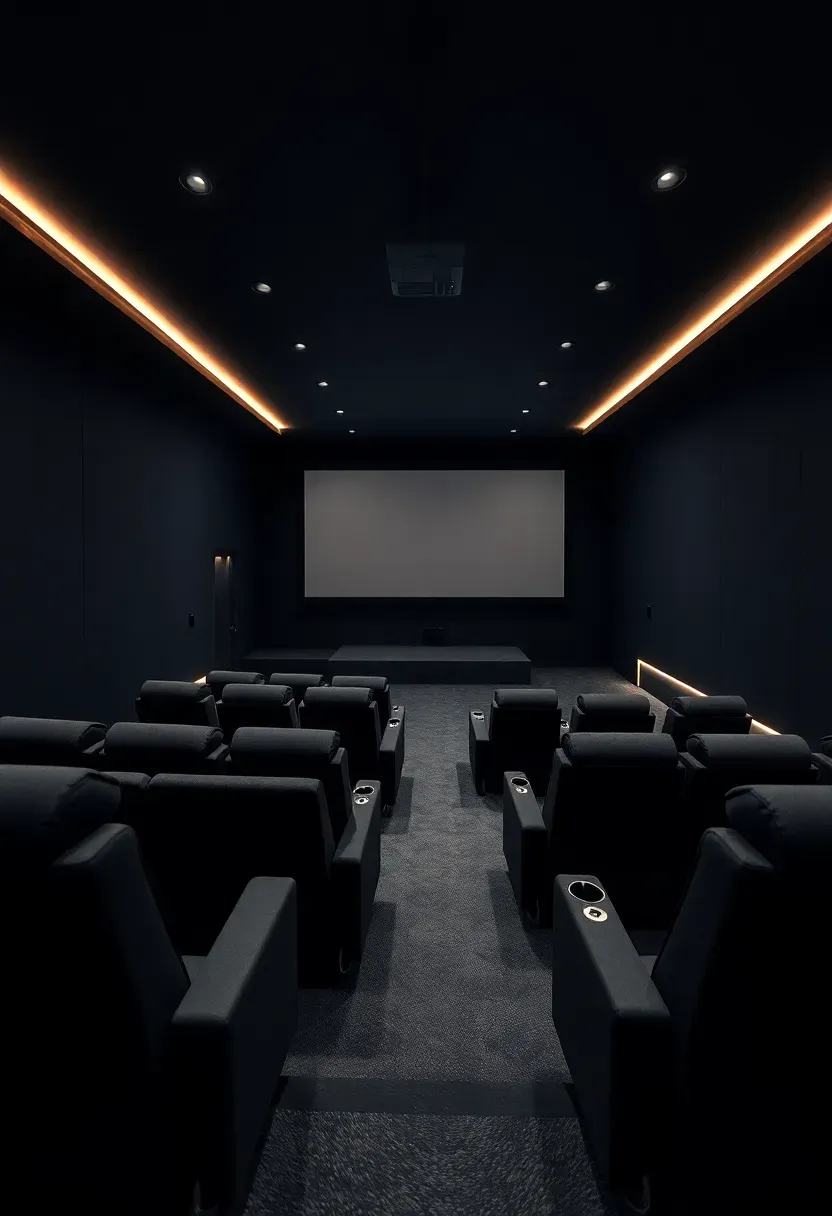 dedicated home cinema basement with tiered seating dark walls and ceiling-mounted projector