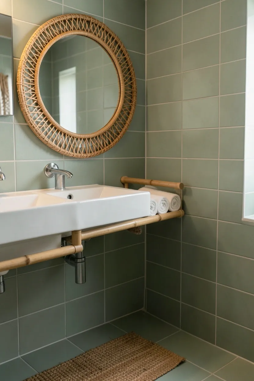 Rattan circular mirror frame, jute rug, and bamboo shelf with folded towels against sage green tiles — woven texture bohemian aesthetic bathroom for renters