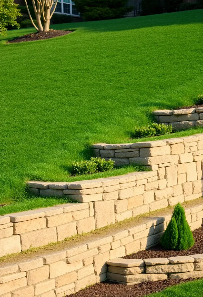 Synthetic turf covering a gentle hillside slope in a backyard with terraced retaining walls made of stacked stone