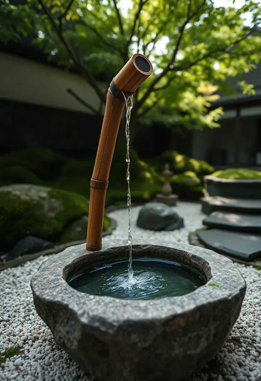 Traditional Japanese shishi-odoshi bamboo deer chaser water feature with bamboo spout and stone basin in a mossy zen garden