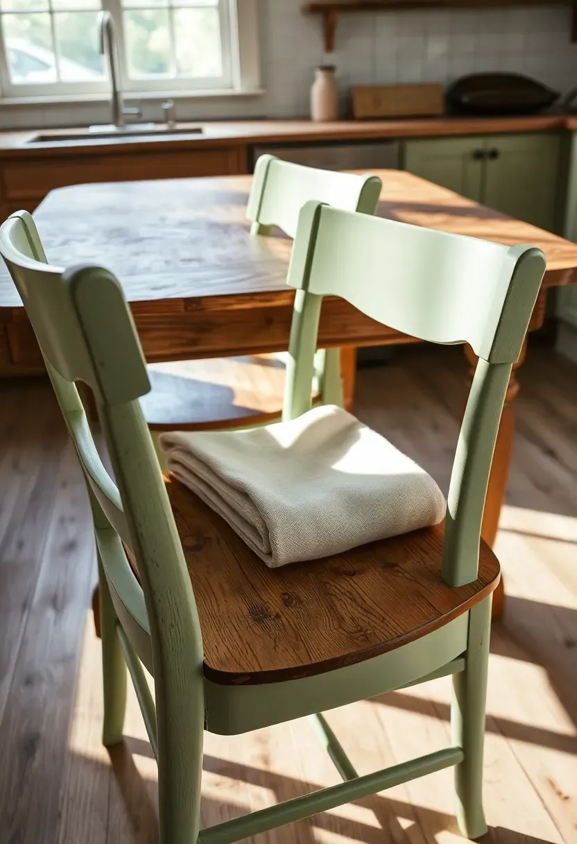 Kitchen chairs painted with milk paint in soft sage green with visible wood grain and slightly uneven brush texture at a farmhouse table