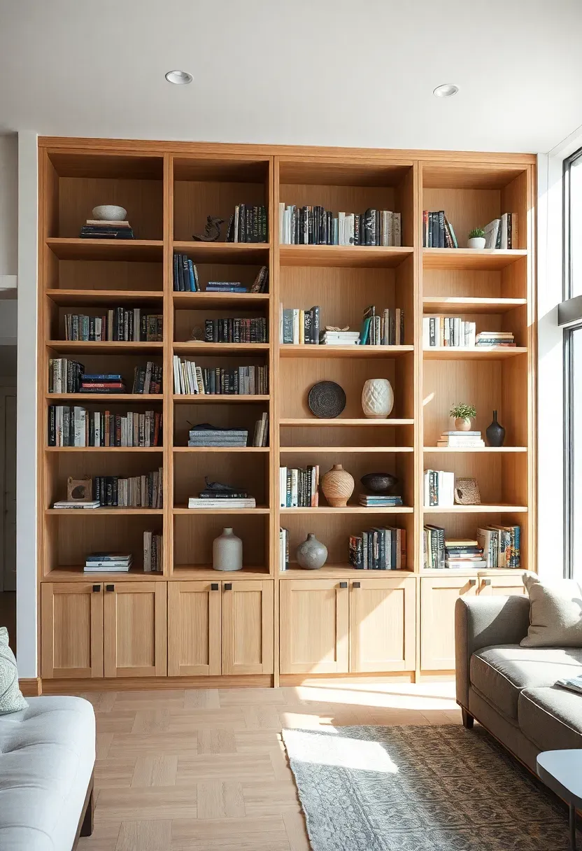 Hyper-realistic 3/4 view of a double-sided bookcase room divider separating a living area from a dining space. The bookcase is low enough to maintain sightlines but substantial enough to create zoning, with books accessible from both sides. Some shelves are open, others have closed cabinet storage. Light oak construction, books arranged with decorative objects. Materials: light oak, mix of open and closed storage. Natural light flowing through from both sides, airy open-concept mood like a modern loft. Sharp details, visible depth and openness, no clutter.</p>