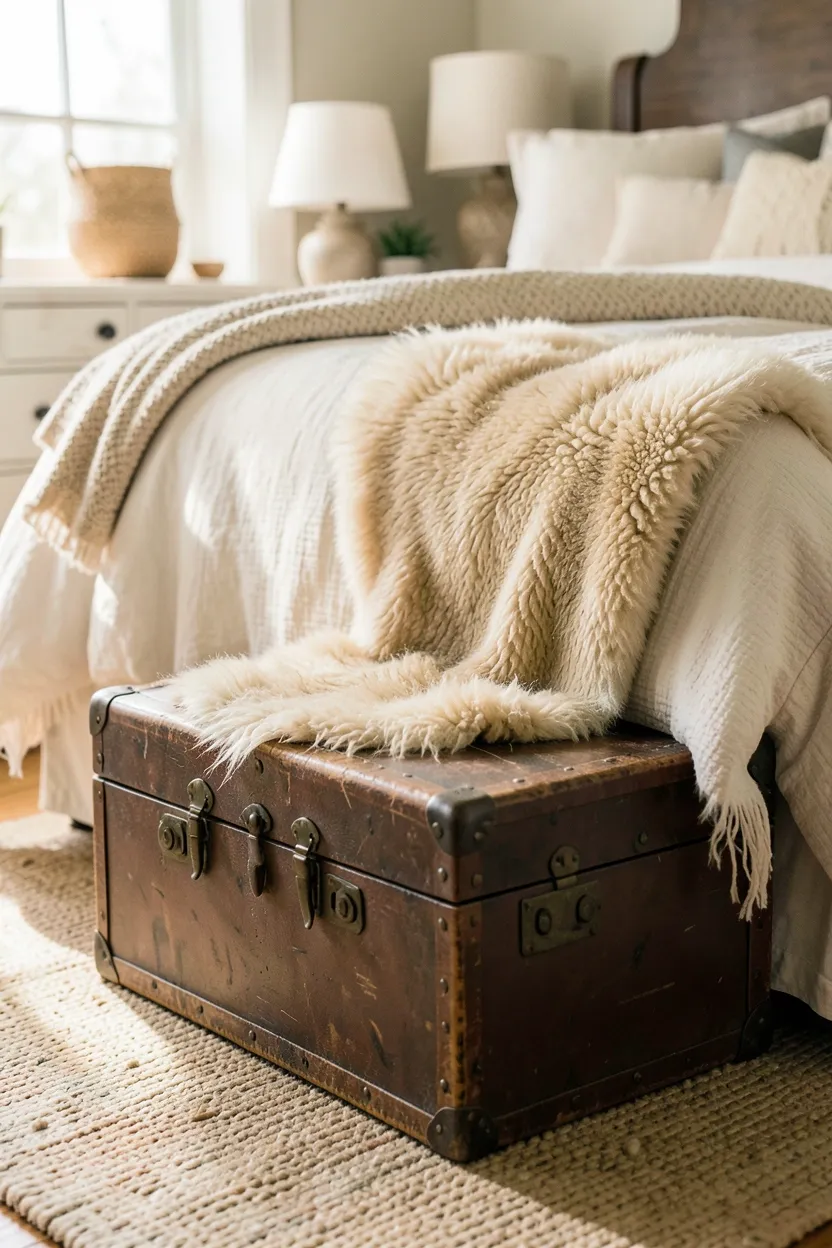 Aged leather and wood vintage trunk at the foot of a bed with a folded sheepskin on top in a farmhouse bedroom
