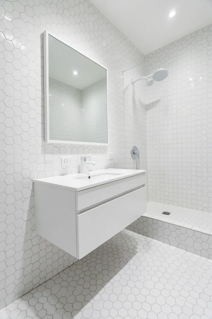 White bathroom with hexagon tile floor and shower walls, white floating vanity, and rectangular mirror for a modern geometric look