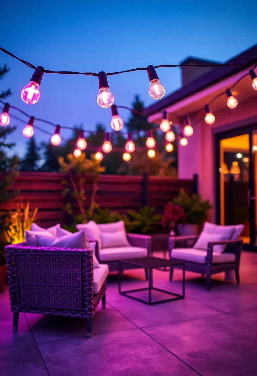 Backyard string lights with smart color-changing bulbs set to a soft purple and warm amber gradient over a modern patio seating area