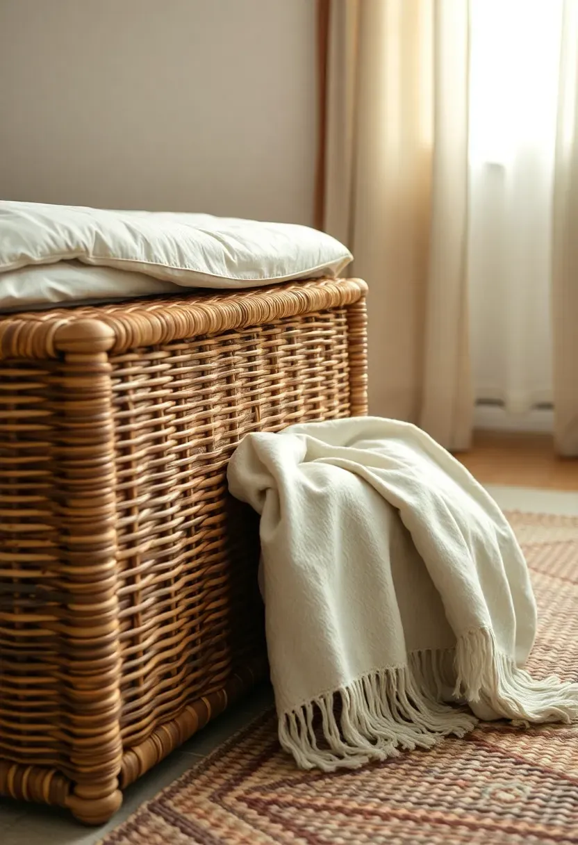 Wicker trunk at the foot of the bed