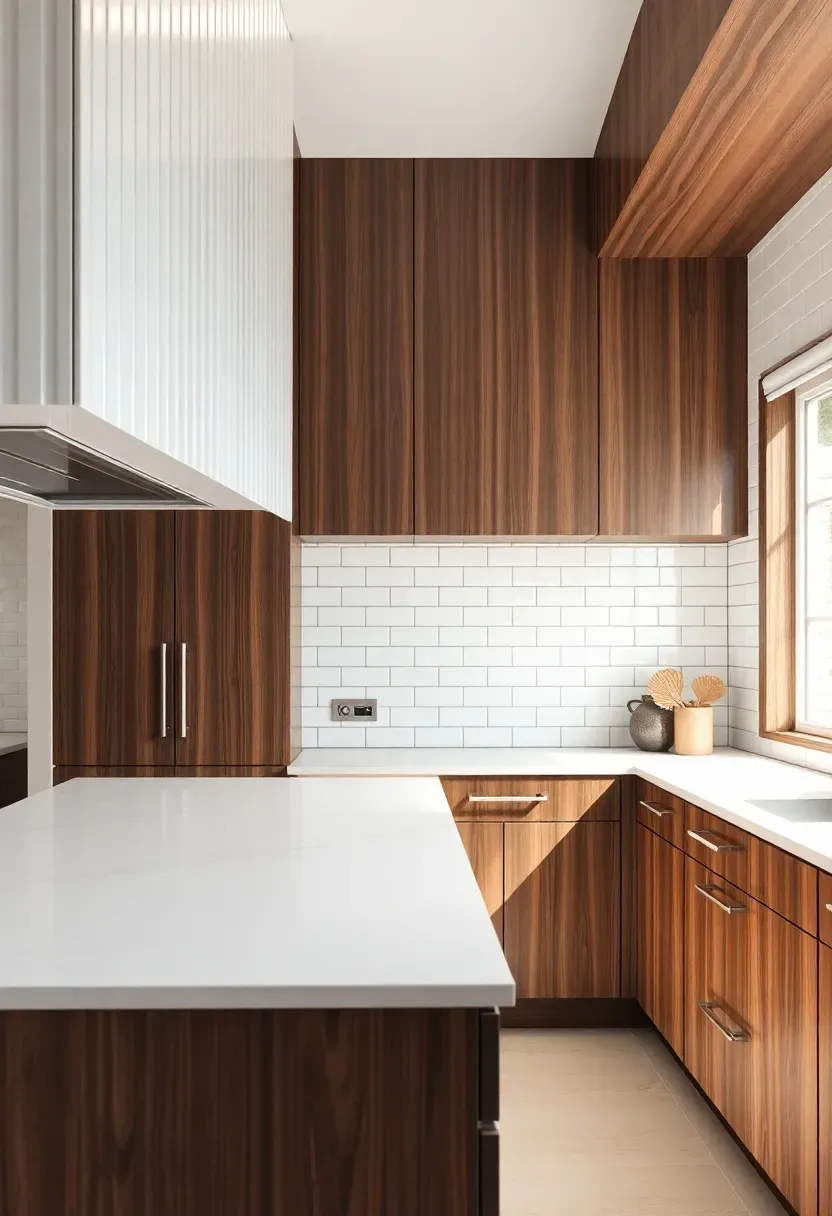 vertical stacked white subway tile backsplash running floor to ceiling behind dark walnut kitchen cabinets with light quartz countertops