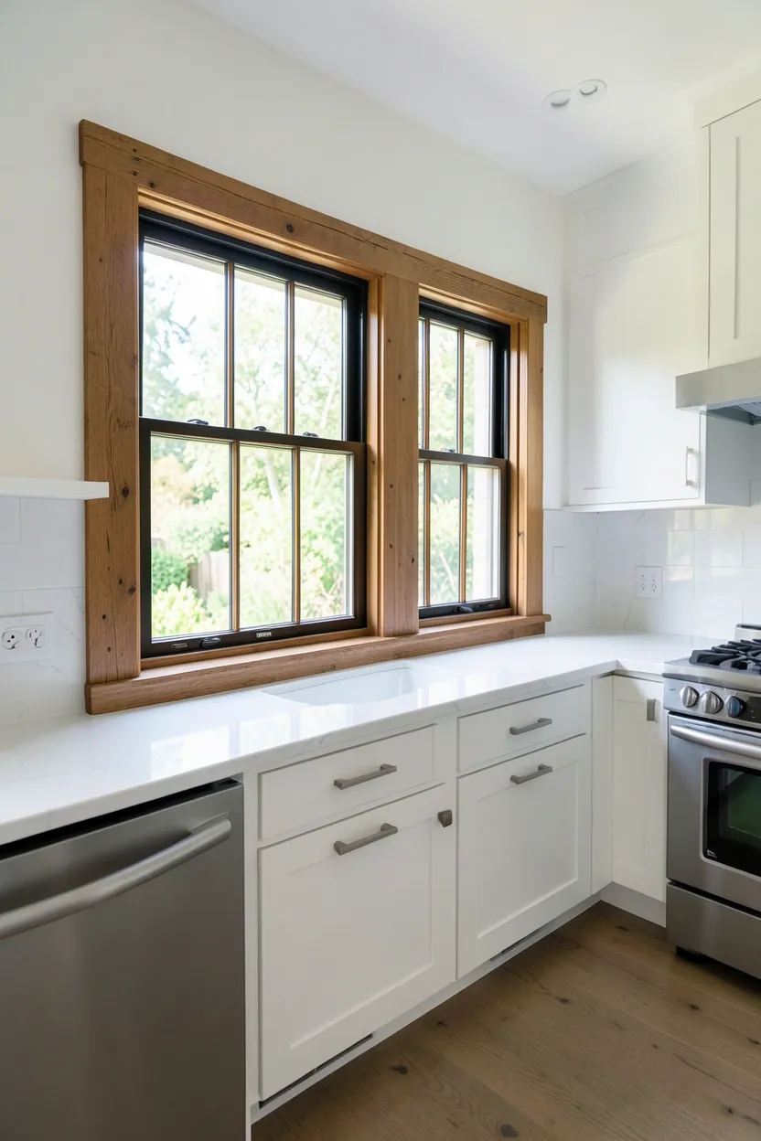 Warm oak wood window frames with sleek black trim in a modern kitchen — sophisticated detail that frames natural light