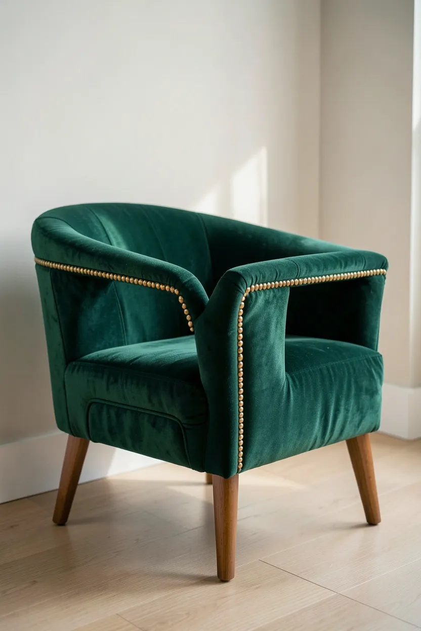 Emerald green velvet sofa with clean modern silhouette paired with a wood coffee table in a cozy vintage-inspired rental