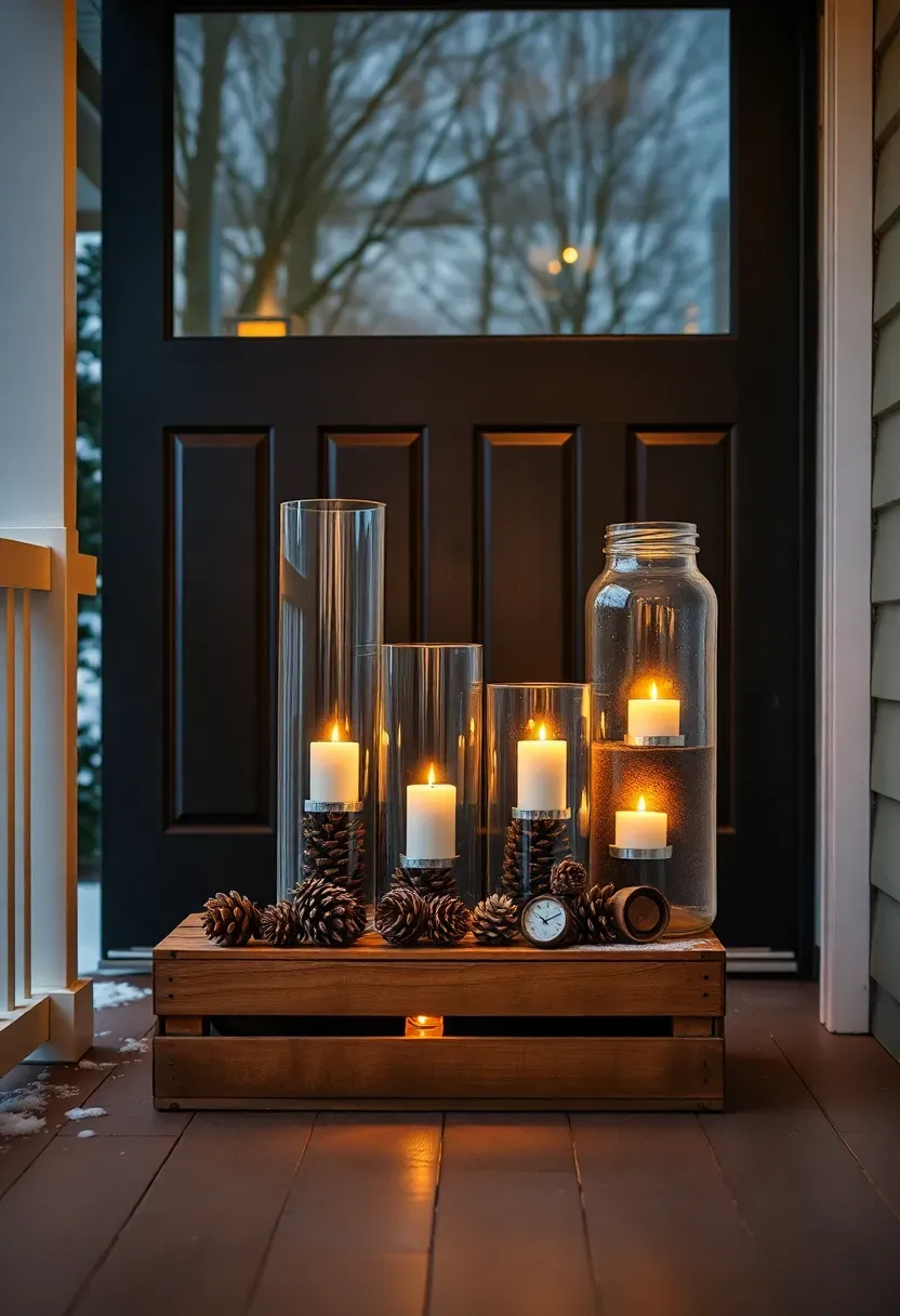 Hyper-realistic wide shot of a front porch at twilight featuring a collection of glass hurricanes. Three hurricanes of varying heights—12-inch cylinder, 16-inch traditional bell, and 20-inch rustic mason jar—are clustered on a wooden crate beside a dark wood front door. Each contains a warm white LED pillar candle. The hurricanes are surrounded by pinecones and birch rounds that catch the candlelight. Warm golden glow illuminates the porch floor and nearby wall. Porch has painted wood flooring and white beadboard ceiling. Visible snow dusting the porch railing. No text, no logos, no watermarks.</p>