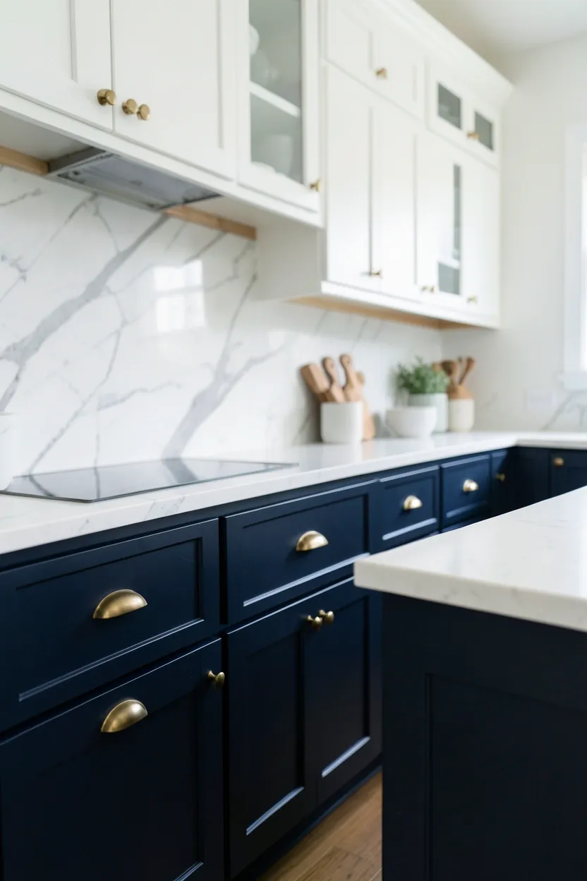 Navy blue lower cabinets paired with crisp white upper cabinets and honed marble countertop — two-tone coastal kitchen design