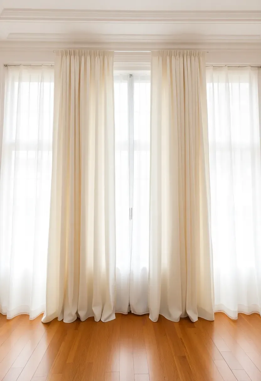 Tall windows with floor-to-ceiling ivory linen curtains hung just below the crown molding, pooling slightly on a hardwood floor