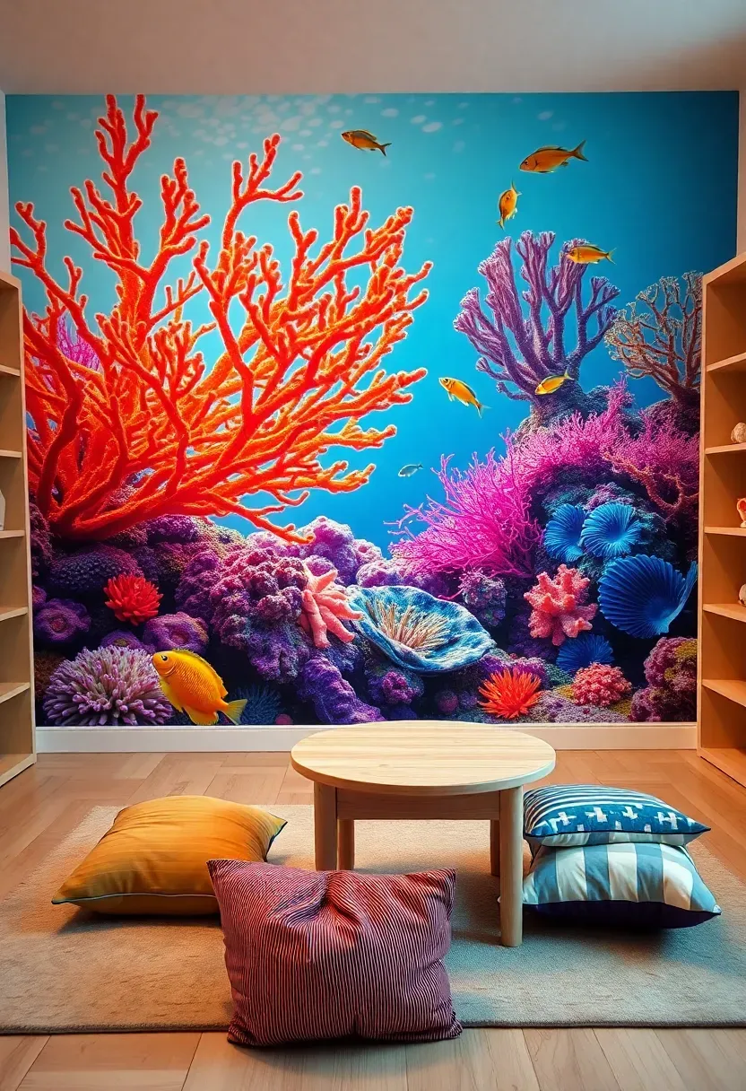 Children's playroom with a digital coral reef accent wall mural showing vibrant underwater scene with colorful corals, fish, and sea life in vivid blues and oranges