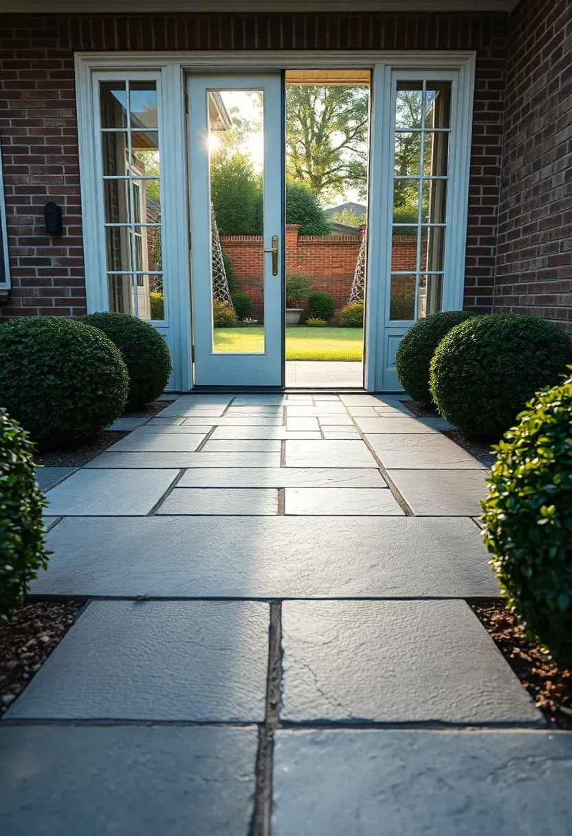 A bluestone landing pad with thermal-finished Pennsylvania blue stone slabs at the base of French doors leading to a backyard garden with boxwood hedges