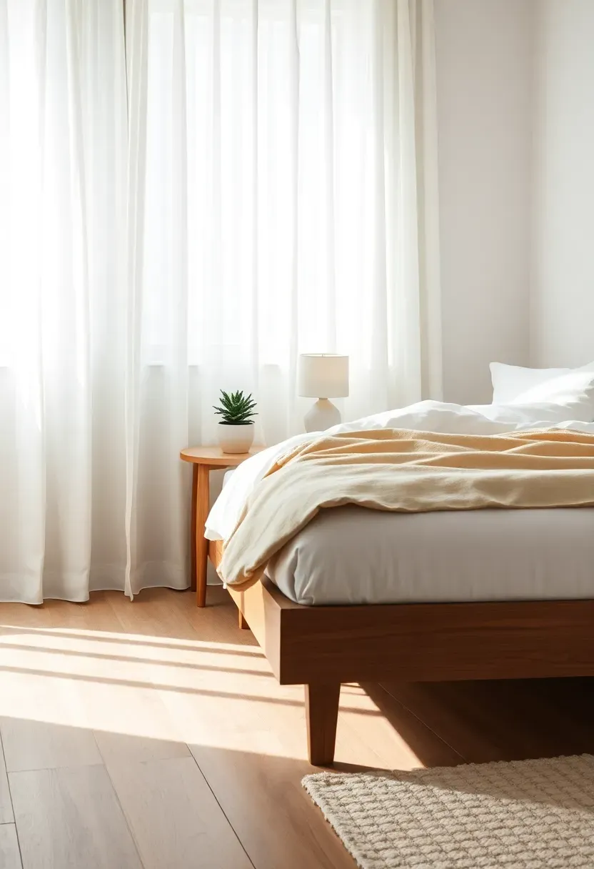 Scandinavian minimalist masculine bedroom with walnut bed frame and linen bedding