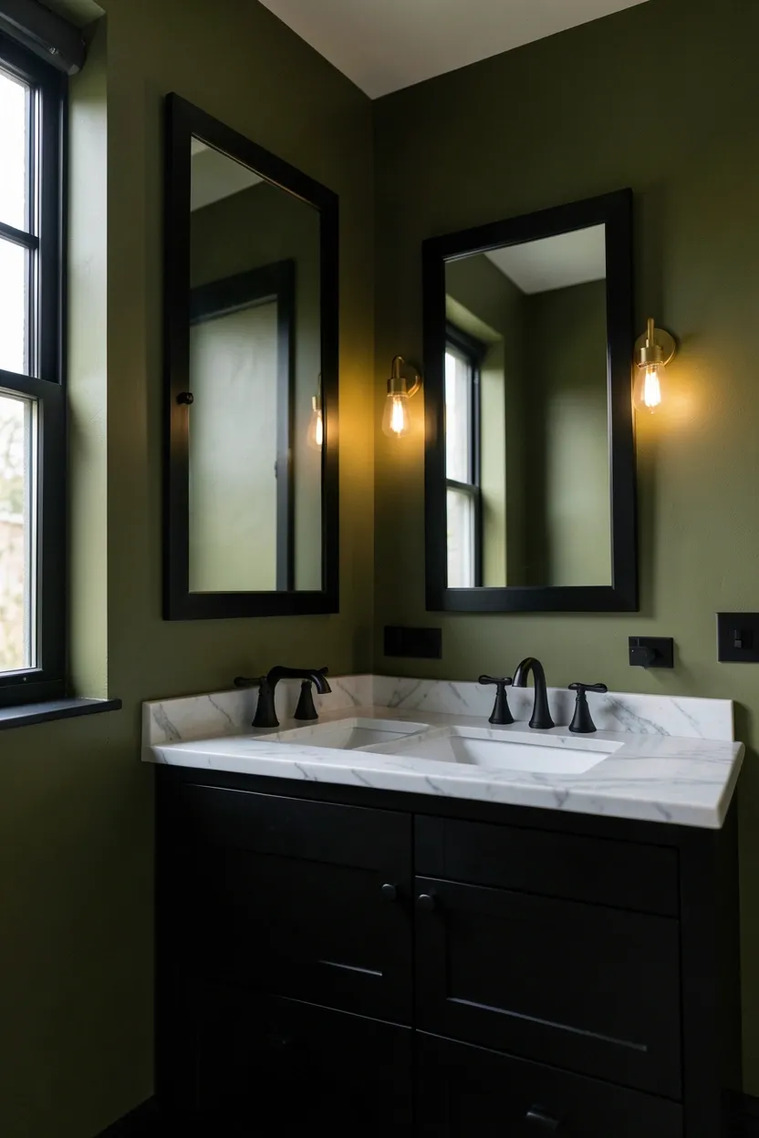 Moody olive green bathroom walls with matte black faucet, towel bar, and mirror frame — dramatic modern bathroom color idea