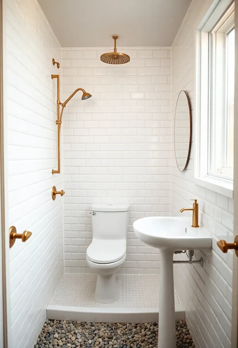 Hyper-realistic 3/4 view of a tiny house wet bath with curved corner shower, toilet and sink in same waterproof space, white subway tile. Materials: white ceramic tile, matte white walls, brushed brass fixtures, pebble floor. Warm diffused window light, creamy whites with brass warmth. Mood: compact, efficient, clean. Shallow depth of field, sharp details, balanced composition, soft shadows, visible room context. No text, no logos, no watermarks.</p>