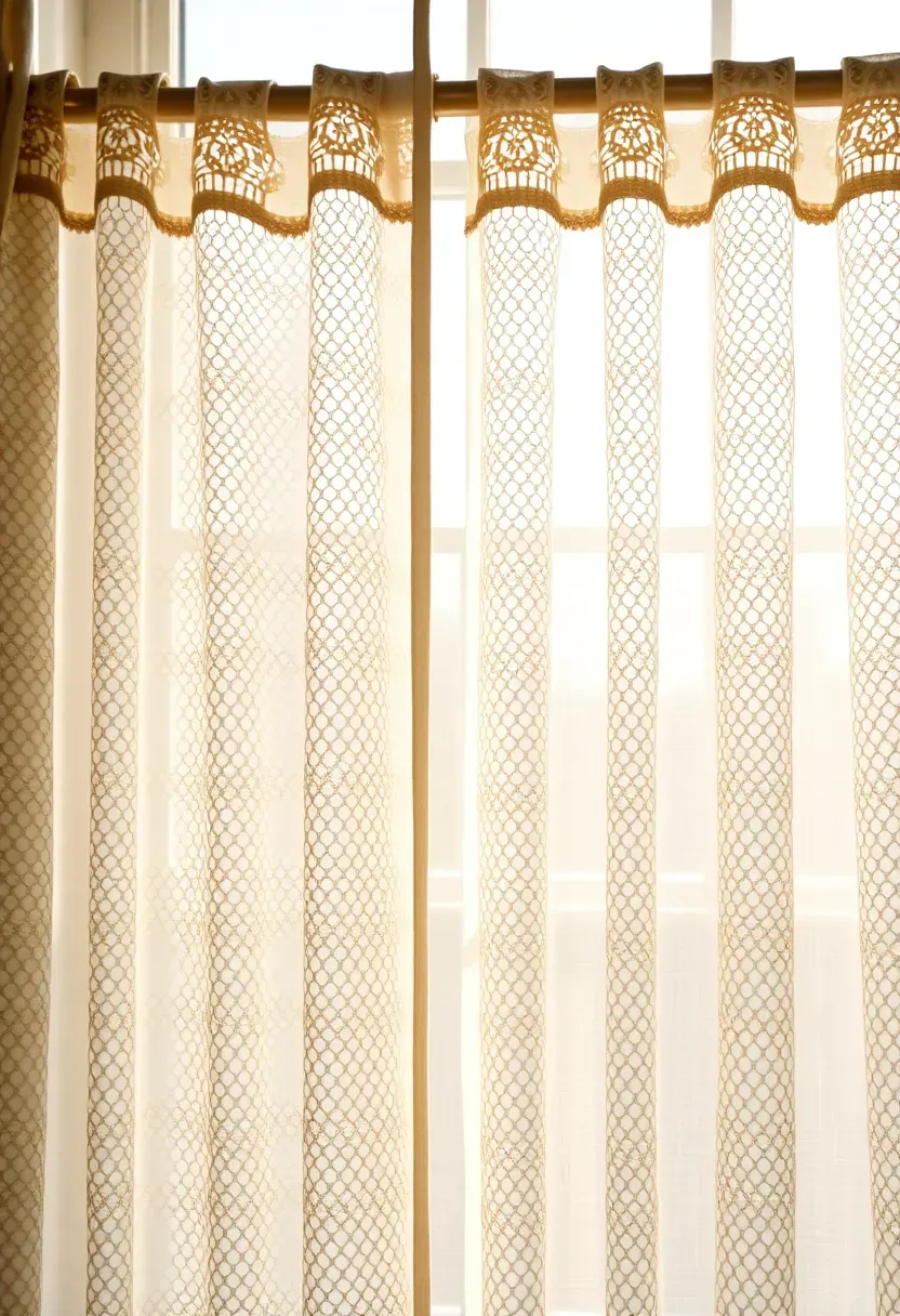 Sheer lace curtains filtering soft morning light in a French-inspired living room