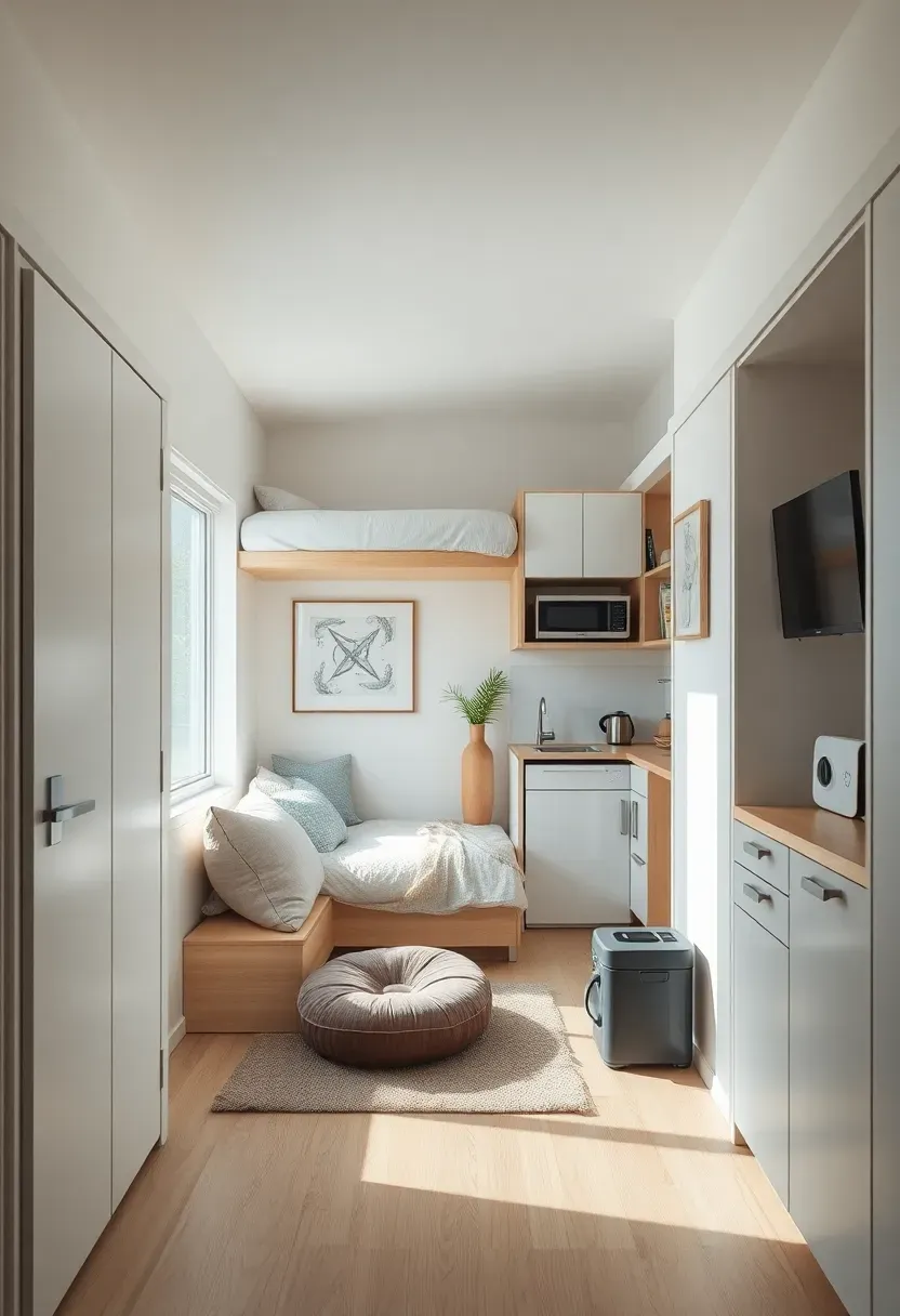Hyper-realistic view of extreme minimalist small space living. Tiny studio apartment or micro-home showing radical simplicity: Murphy bed or loft bed, minimal seating (floor cushion or compact chair), tiny kitchenette with essential appliances only, clever built-in storage maximizing every inch. Despite small footprint, space feels open and airy because very few possessions are visible. White walls, light colors enhancing sense of space. Small space minimalism mood showing how tiny footprint feels generous when not cluttered with possessions.</p>
