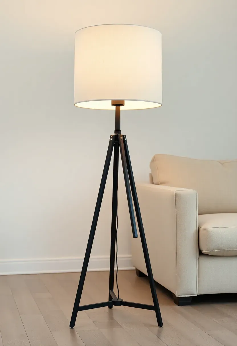 Hyper-realistic 3/4 view of minimalist living room featuring tripod floor lamp. Three slender matte black metal legs converging at center support stem with cylindrical white linen shade. Lamp positioned beside cream linen sofa. Light wood floor, white walls. Open tripod base creating visual lightness while providing stability. Warm ambient illumination from shade. Materials: powder-coated metal legs, linen shade, LED bulb. Sculptural architectural presence. Shallow depth of field, sharp details on tripod form and shade. No text, no logos, no watermarks.</p>