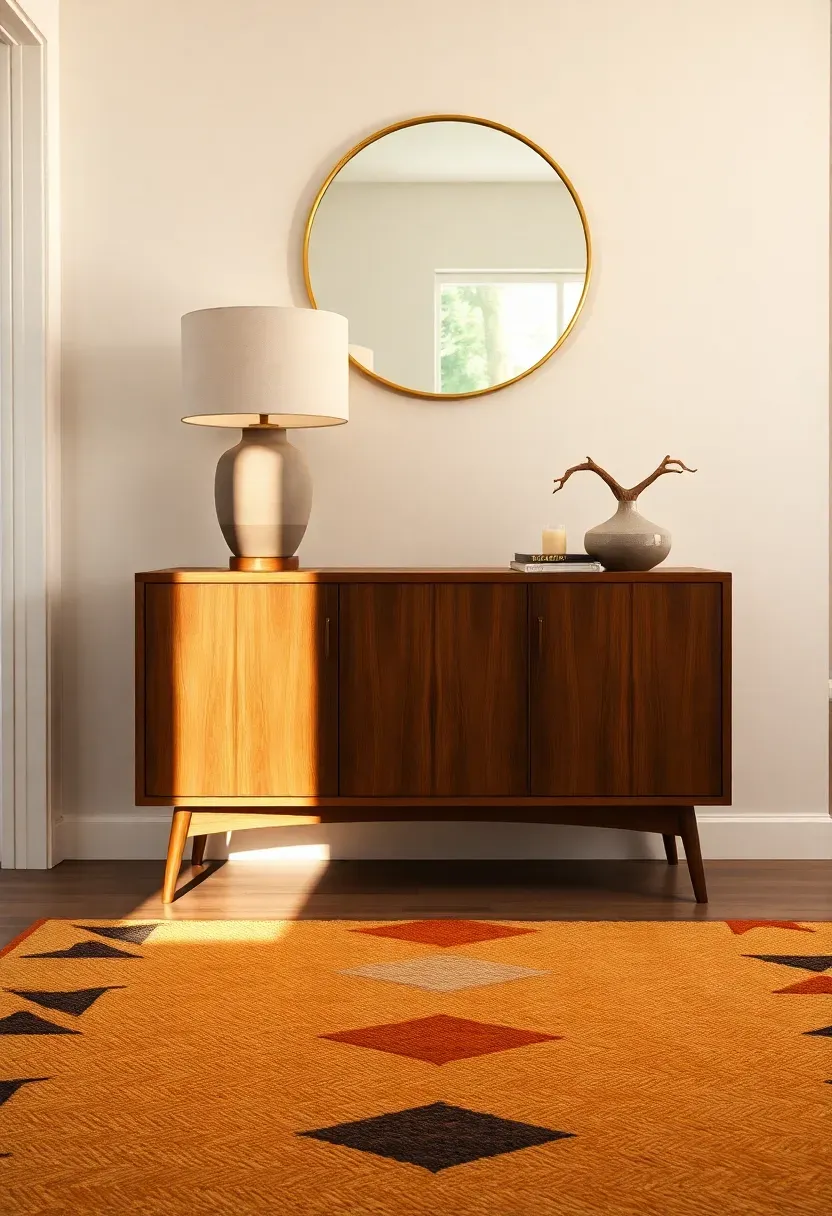 Mid-century modern entryway vignette with a walnut credenza, ceramic table lamp, round brass-framed mirror, and a geometric rug