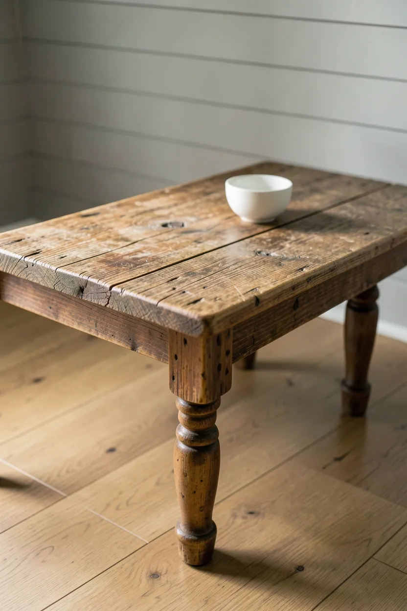 Distressed reclaimed wood coffee table in a neutral minimalist farmhouse living room
