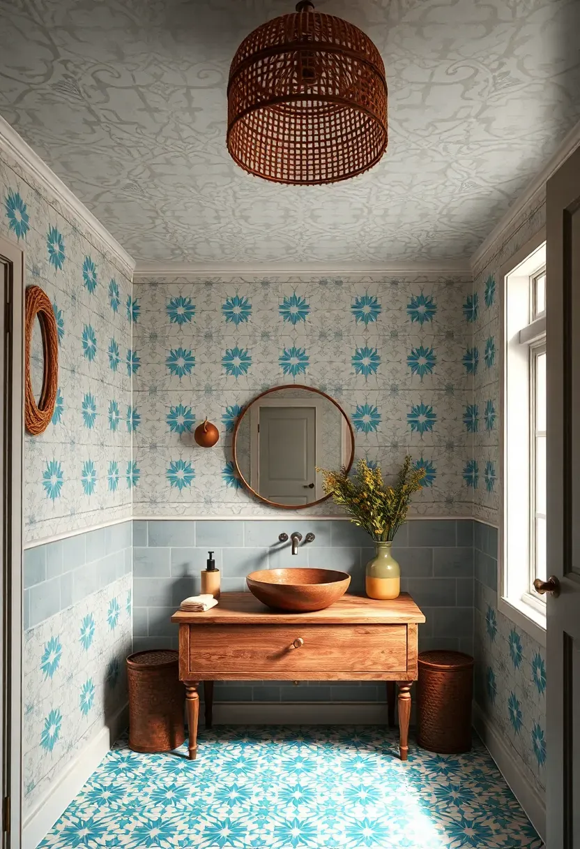 Geometric Moroccan-inspired stenciled ceiling pattern in grey and white in a bohemian bathroom