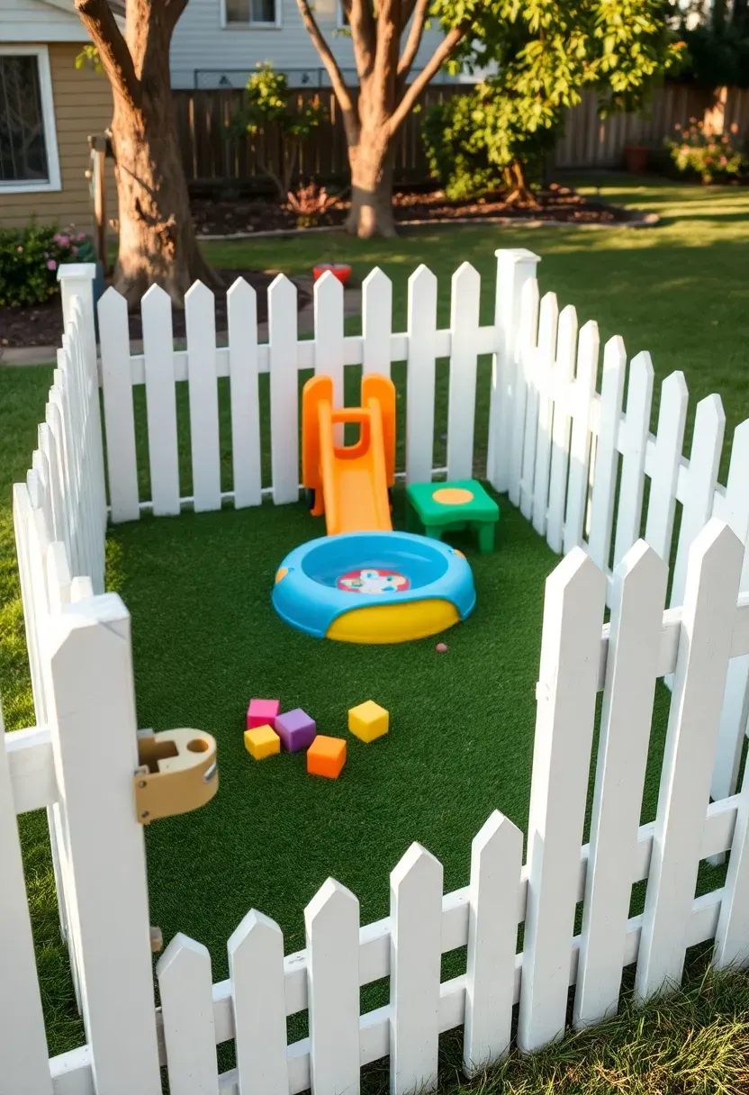 Fenced toddler play zone within a larger backyard, with a small slide, sensory table, soft turf, and a low picket gate