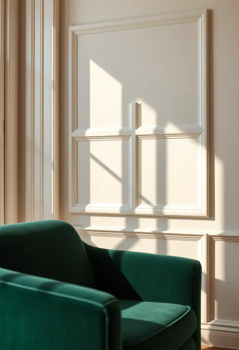 Elegant living room wall with applied decorative panel molding in a classic grid pattern, painted in a soft warm white with subtle shadow lines