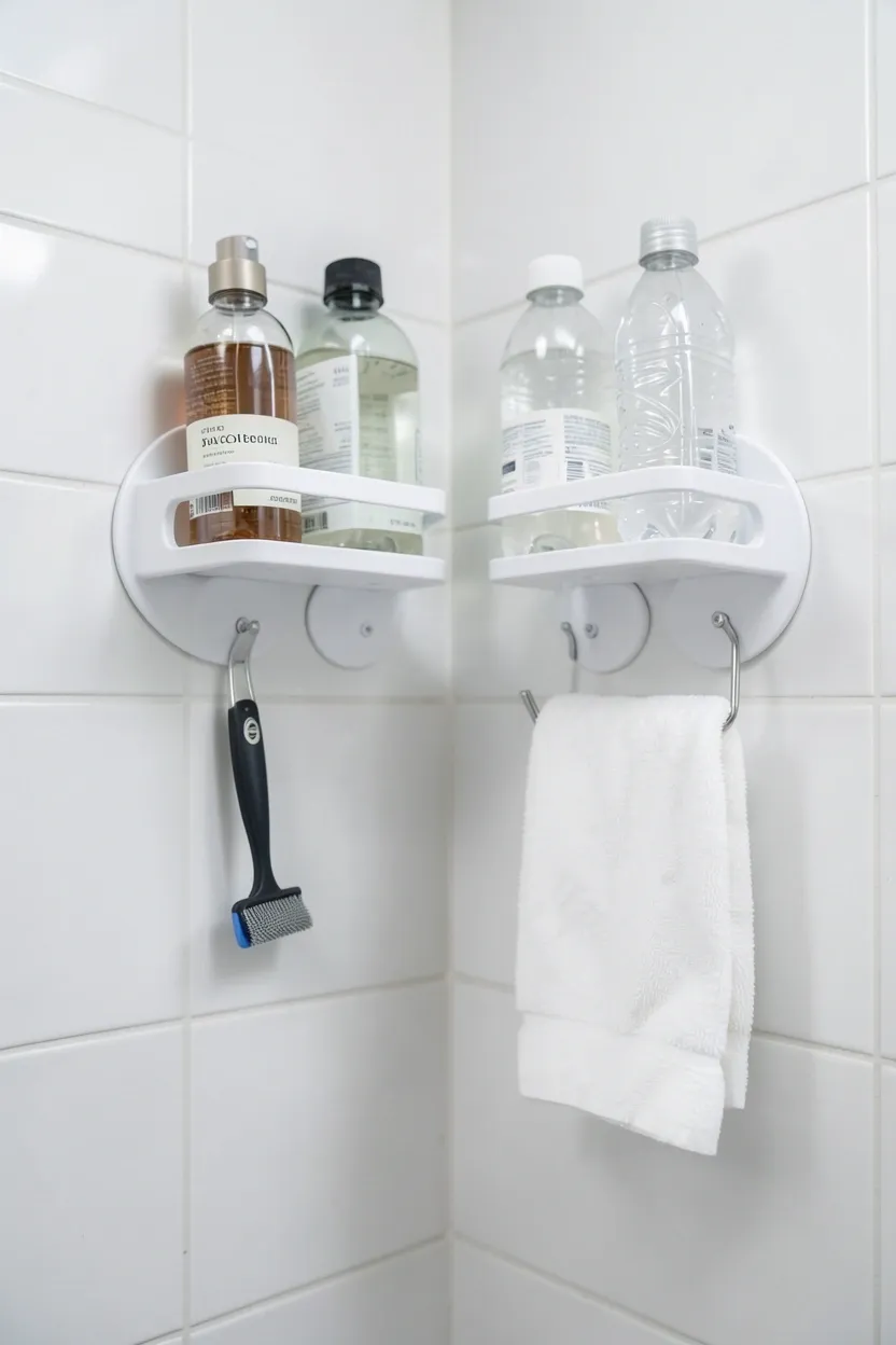 Suction cup corner shelf with toiletries attached to rental bathroom tile wall — removable no-drill vertical storage