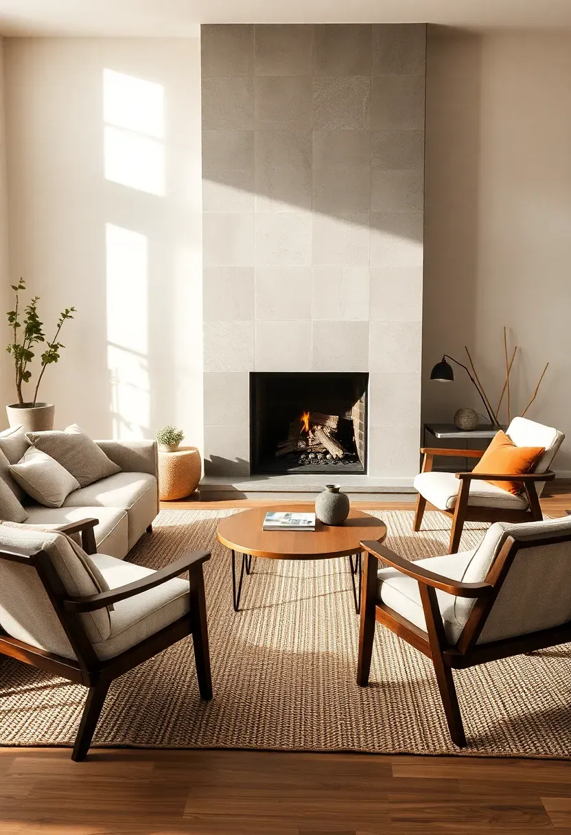 Geometric rug framing a fireplace and twin chairs