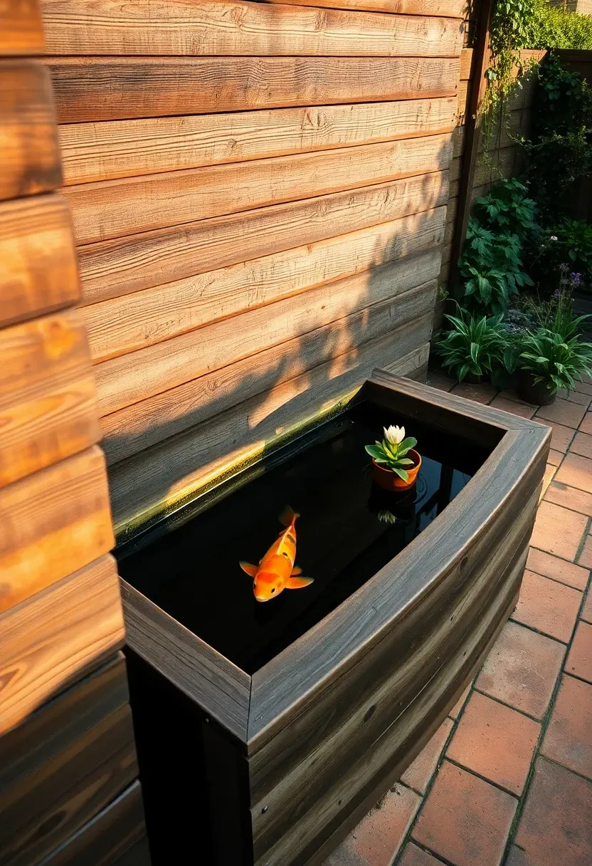 Raised timber koi pond on a patio made from stacked railway sleepers with koi swimming inside