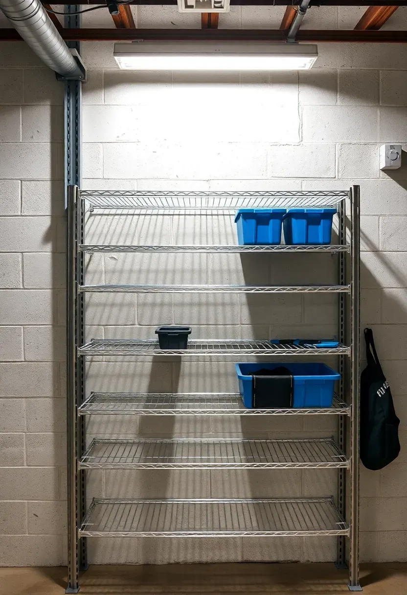 Basement wall with a professional track shelving system featuring adjustable metal uprights and heavy-duty shelf brackets loaded with bins