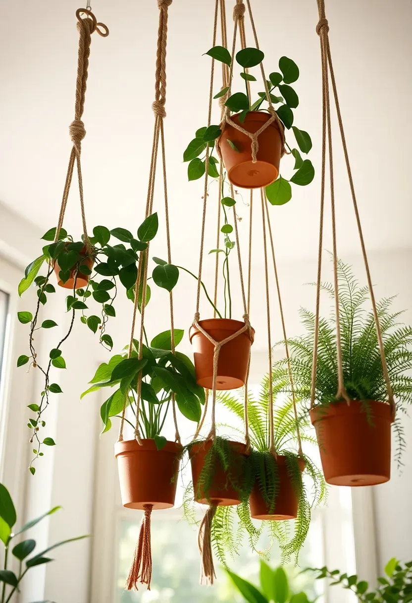 Cluster of five macrame plant hangers at varying heights suspended from adhesive ceiling hooks in a bright apartment sunroom, holding trailing philodendron, string of hearts, and small ferns