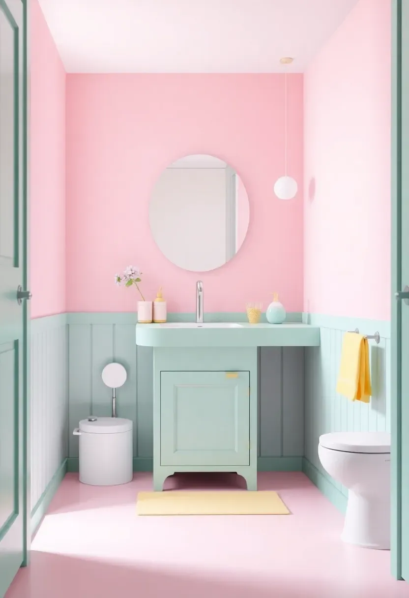 Complete Toca Boca style apartment bathroom with soft pink walls, mint green vanity, lavender accessories, and light yellow towels